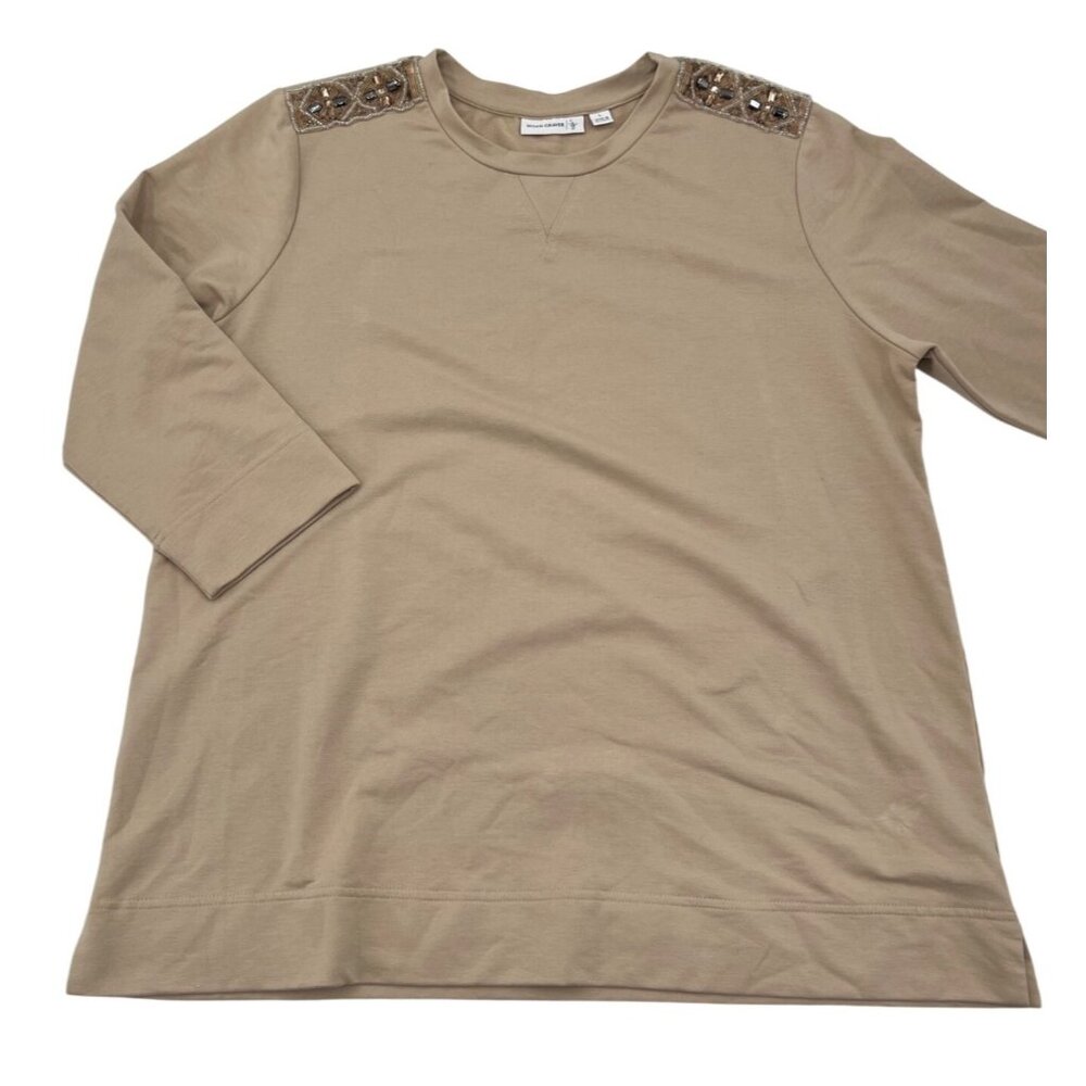 Susan Graver Womens Beige Tunic Top L With Beaded Shoulder Detail Cotton‎ Blend